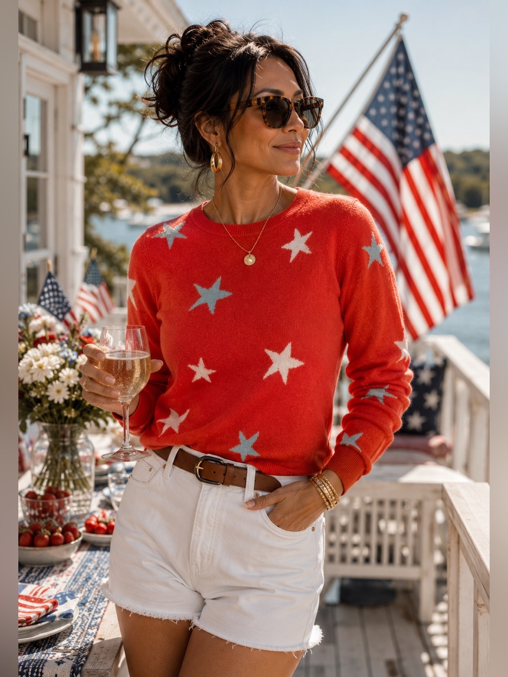 Americana Star Sweater Red White Cashmere Nantucket Chic Size M